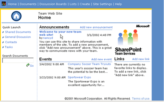 SharePoint Team Services 2002 – jedna z pierwszych platform do budowy intranetów.