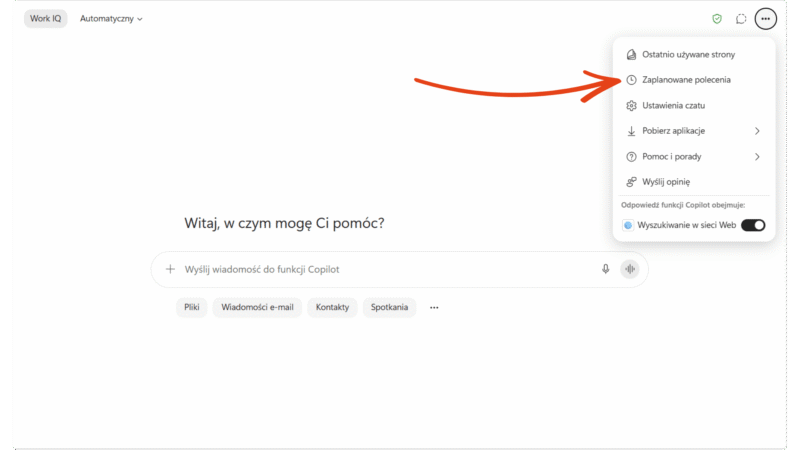 Dostęp do zaplanowanych promptów w menu Copilot Chat